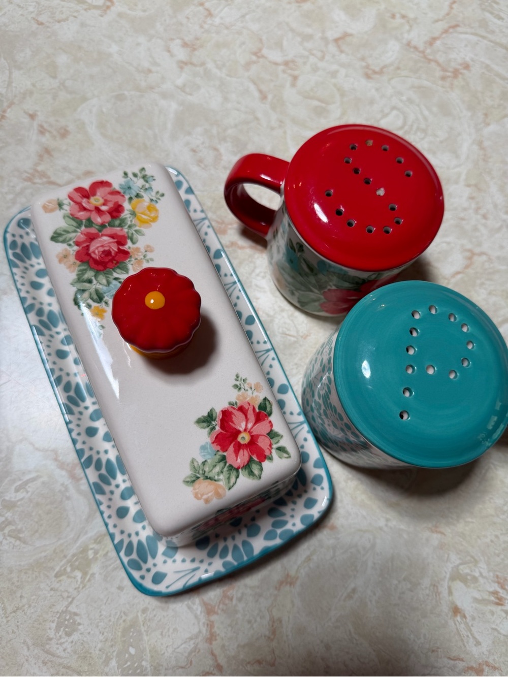 PIONEER Floral Ceramic Butter Dish Set with Red and Teal Shaker Tops